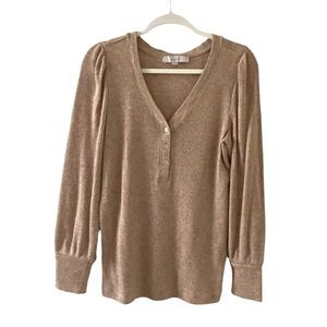 LOFT Puff Sleeve Soft Cozy Ribbed Top Tan Buttons, Size Large